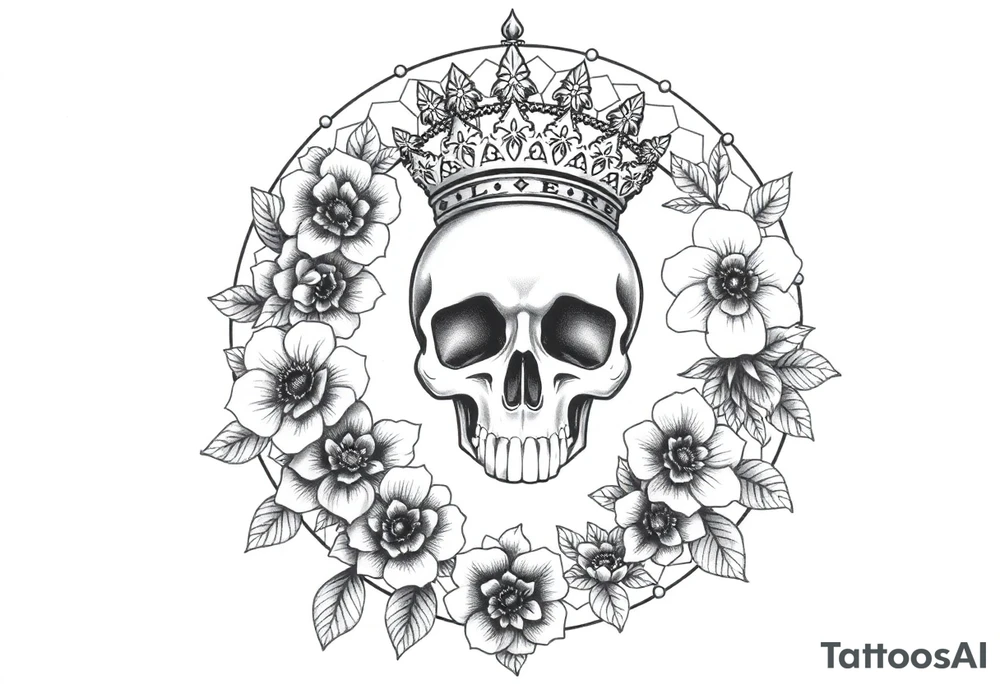 Mandala dream catcher with detailed beautiful gothic boho flowers on vine and skull with gorgeous crown tattoo idea