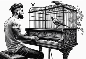 Man playing piano with a bird cage on his head tattoo idea