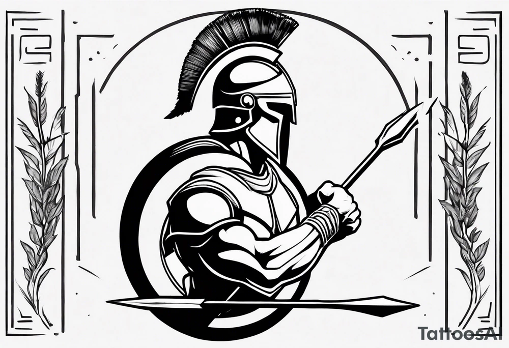 rectangular landscape format ultra-fine line linework vector of a spartan from the side, spartan spear, spartan shield, laurel wreath tattoo idea