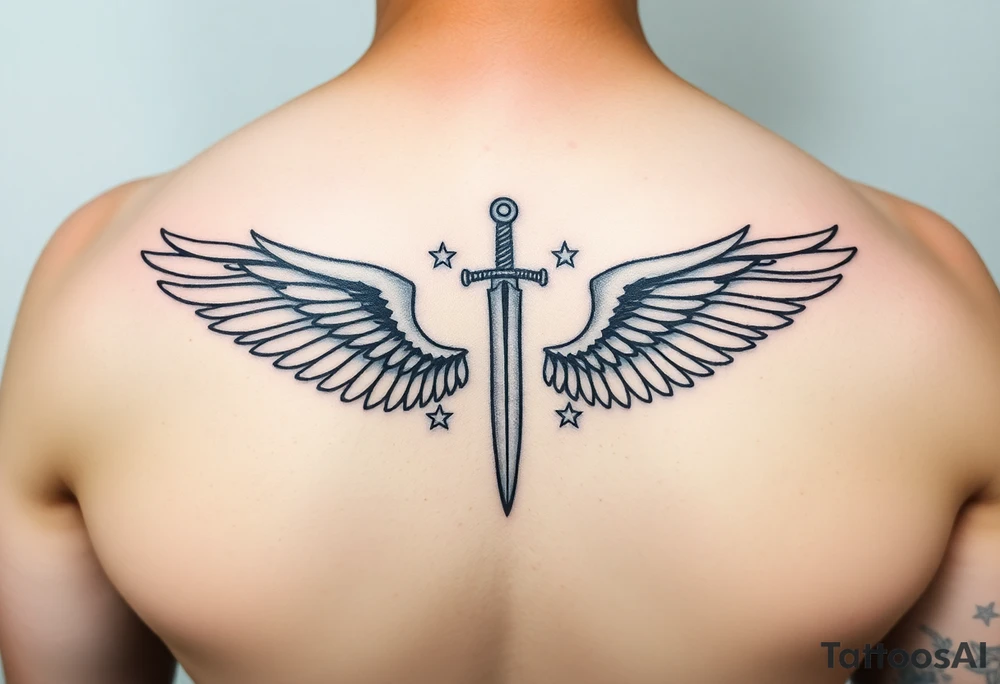Wings surrounding sword and diamond shaped stars tattoo idea