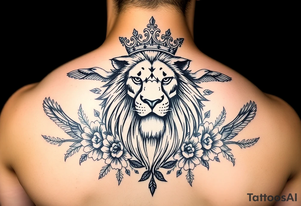 powerful majestic lion with a crown, surrounded by floral ornaments and birds tattoo idea