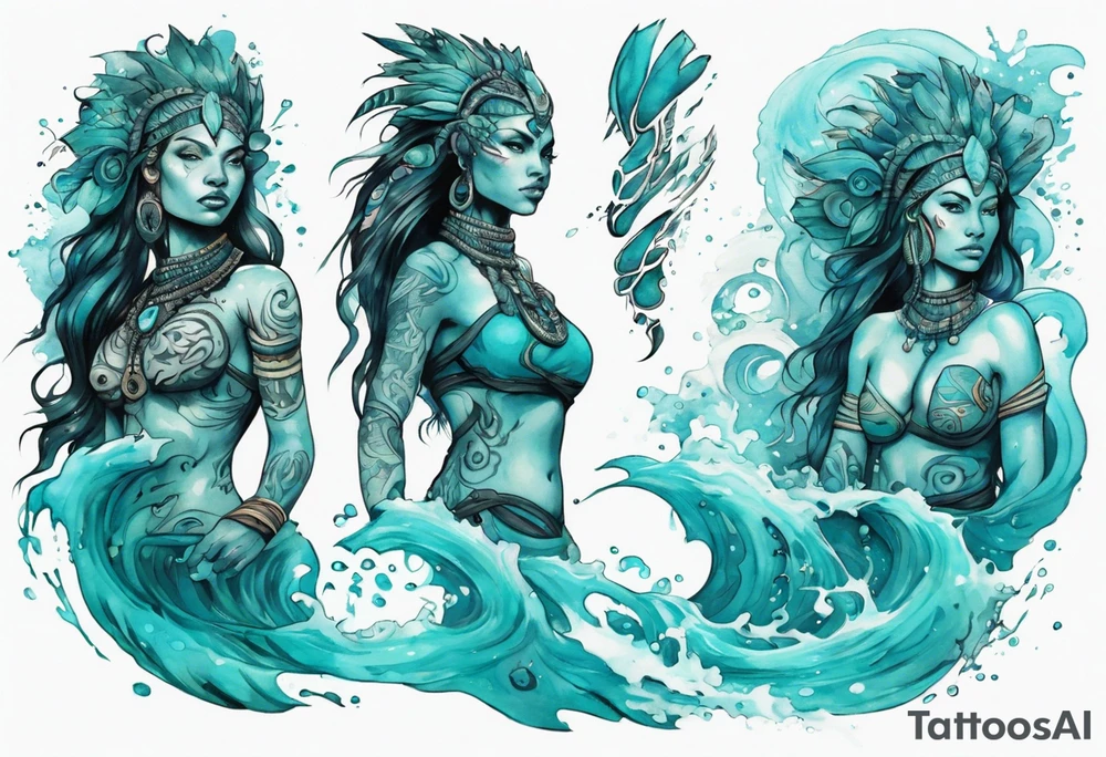 a turquoise Na'vi woman standing in the sea surrounded by crashing waves tattoo idea