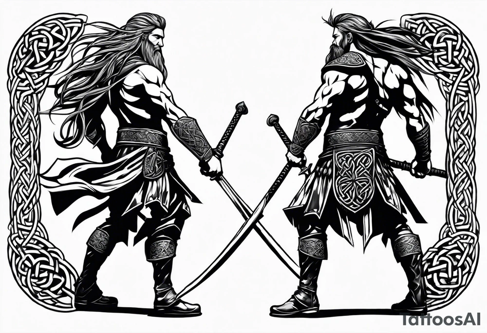 Side profile full body of Celtic warrior walking into battle tattoo idea