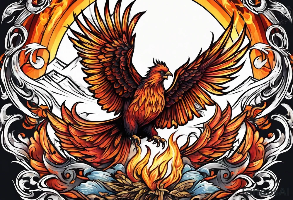 phoenix flying out of a bonfire tattoo idea
