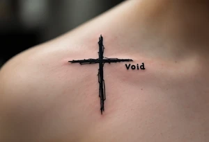 A deep black cross under a man’s right eye, in simple linework, next to the word "Void" on the other side in minimal, spaced-out letters. tattoo idea