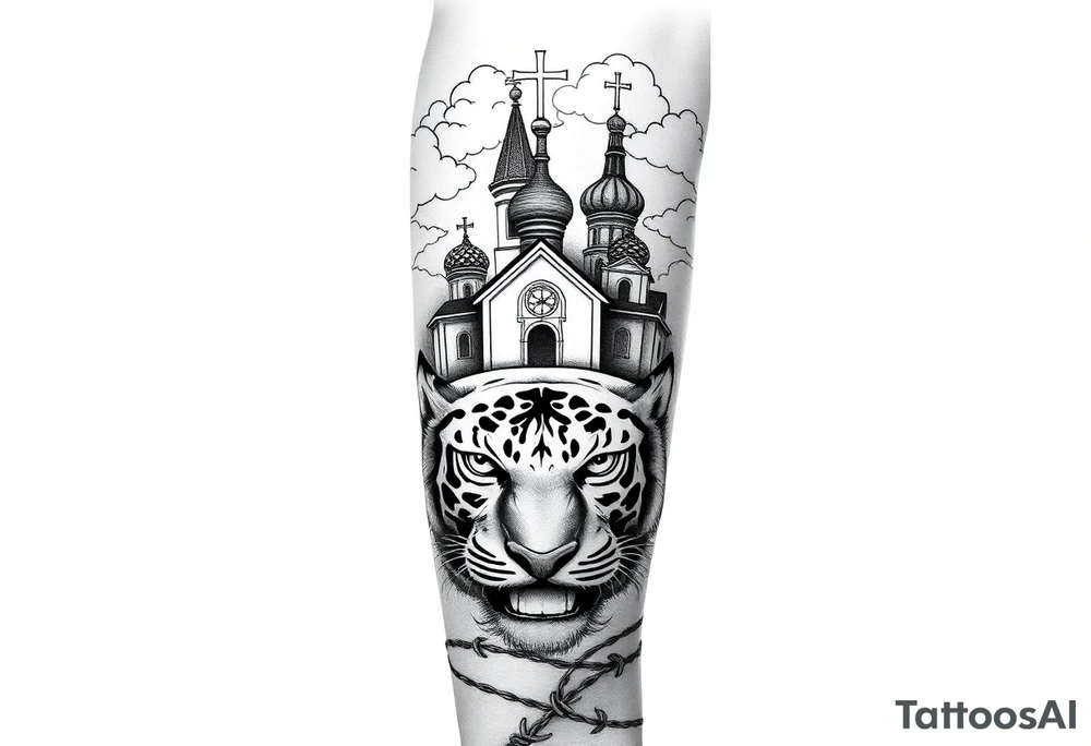 Mean looking tiger on the hand with barb wire at the bottom and then above the tiger do a traditional Russian Orthodox Church with the orthodox traditional cross as the spire in clouds then Virgin Mary above overlooking with hands together on heart tattoo idea