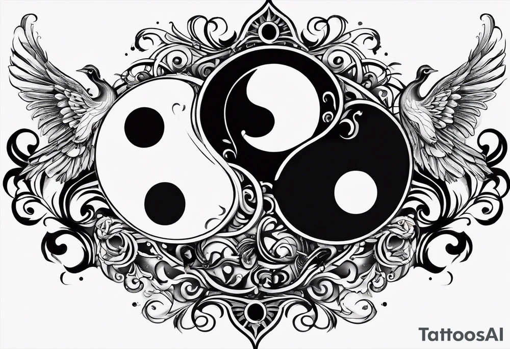 Semicolon ying-yang with theater masks and two birds tattoo idea