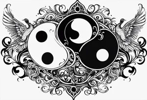 Semicolon ying-yang with theater masks and two birds tattoo idea