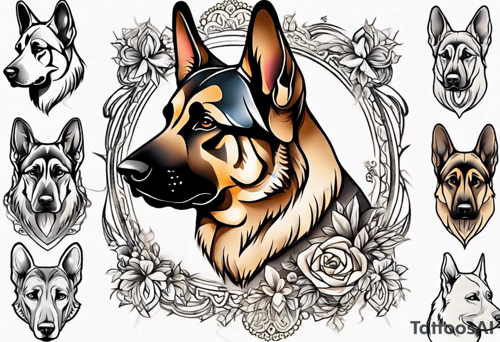 German Shepherd in fancy frame tattoo idea