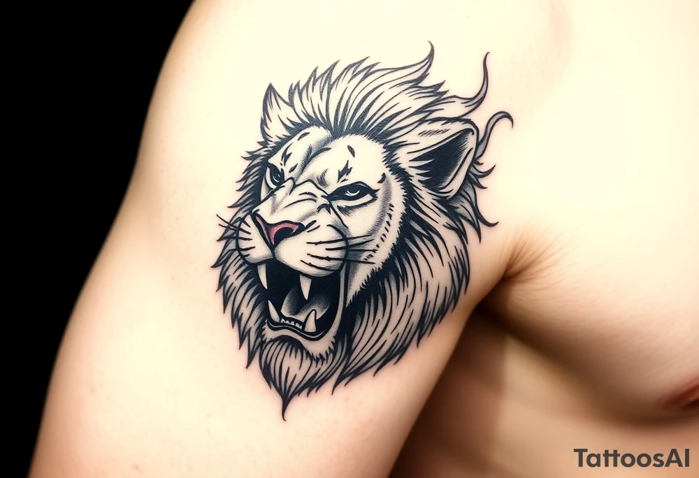 Lion looking into the fire face on full of emotion tattoo idea