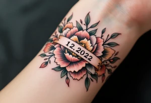 Floral wristband with name "Simon" and numbers 12.2.2022 v 8:08 hidden within petals in dusty rose and olive green. tattoo idea