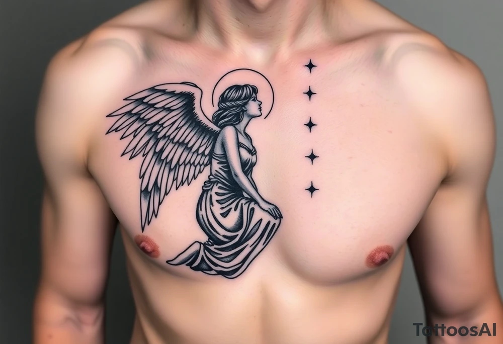 Dante Mikha'el fallen angel on her knees looking sky while her wings are falling tattoo idea