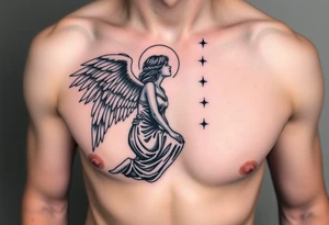 Dante Mikha'el fallen angel on her knees looking sky while her wings are falling tattoo idea