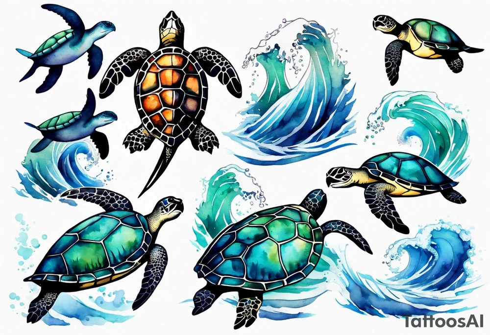 Sea turtle surrounded by waves tattoo idea
