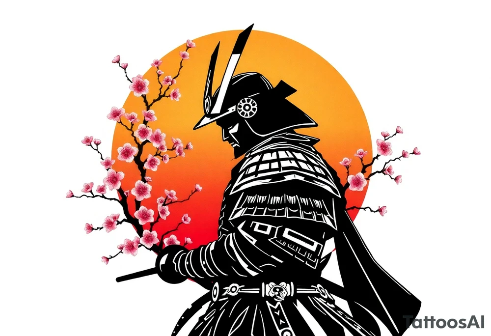 noble samurai warrior silhouette at sunset with cherry blossoms tattoo idea
