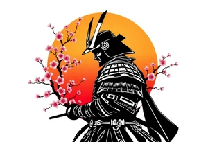 noble samurai warrior silhouette at sunset with cherry blossoms tattoo idea