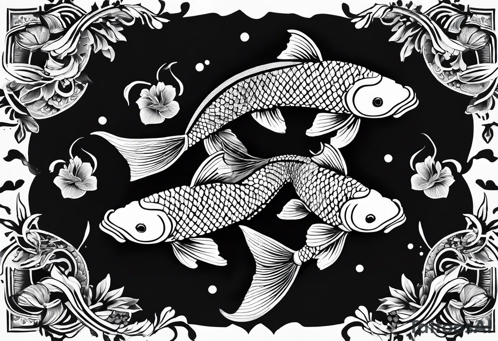 koi fish in pond on white background, black and white, intricate Polynesian tattoo, for laser engraving tattoo idea