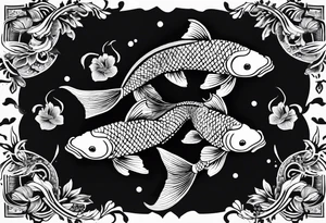 koi fish in pond on white background, black and white, intricate Polynesian tattoo, for laser engraving tattoo idea