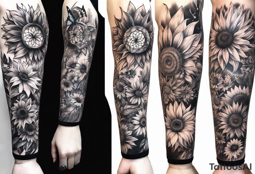 arm sleeve with dreamcatcher, rainbow sunflowers and one butterfly tattoo idea