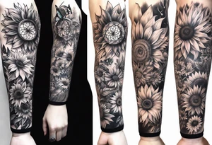arm sleeve with dreamcatcher, rainbow sunflowers and one butterfly tattoo idea