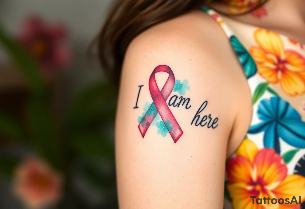 ‘I am here’ with breast cancer pink ribbon as I with Hawaiian theme tattoo idea