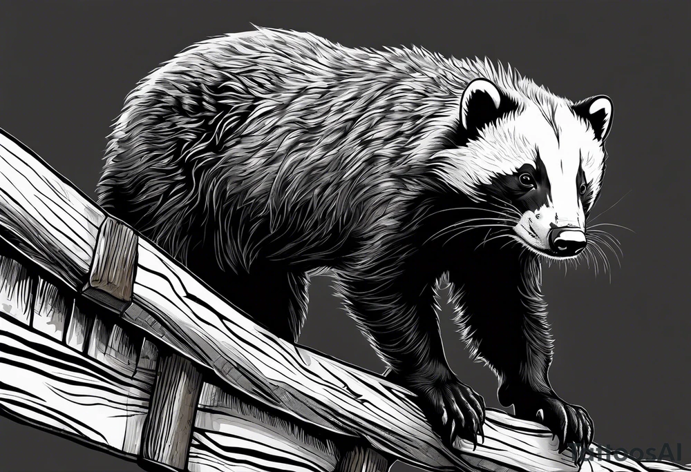 honey badger climbing-over, claws, behind, on its back legs, looking over fence tattoo idea