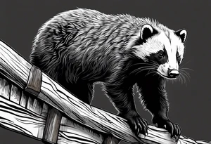 honey badger climbing-over, claws, behind, on its back legs, looking over fence tattoo idea