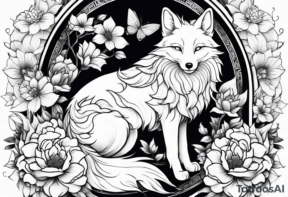 kitsune whit flowers tattoo idea