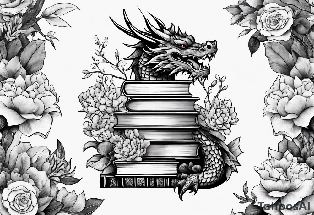 Dragon stack of books flowers tattoo idea