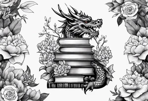 Dragon stack of books flowers tattoo idea