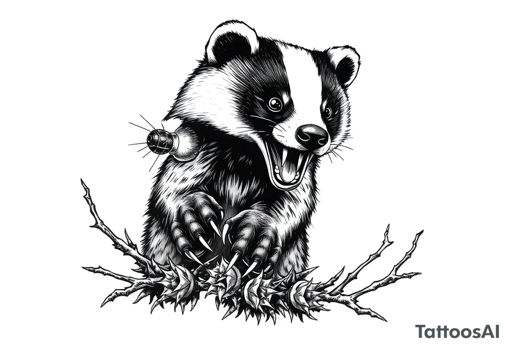 An eye view of a bloodthirsty beekeeper badger showing its claws over a thorny bush tattoo idea