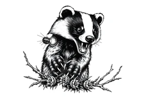 An eye view of a bloodthirsty beekeeper badger showing its claws over a thorny bush tattoo idea