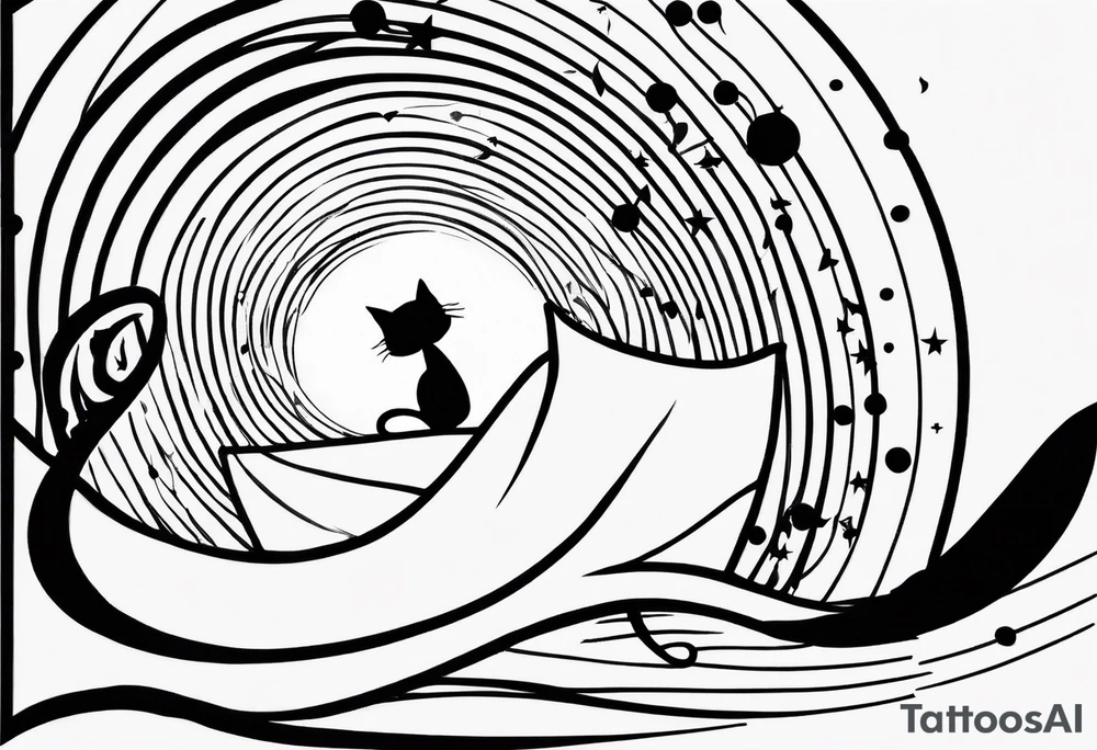 Outline of cat reaching to a music note, small tattoo idea
