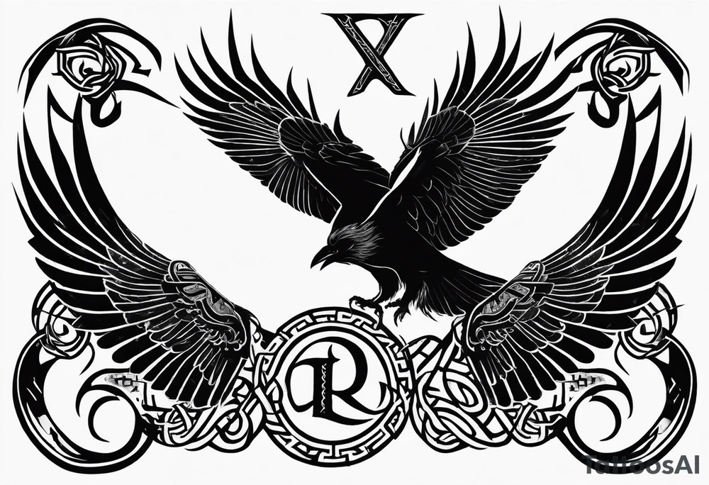 Black and white odins raven in a Norse rune style for placement on the neck with the ravens wings going up the sides of the neck. Norse knots and runes throughout tattoo idea