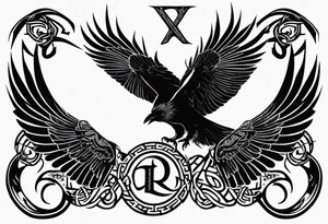 Black and white odins raven in a Norse rune style for placement on the neck with the ravens wings going up the sides of the neck. Norse knots and runes throughout tattoo idea