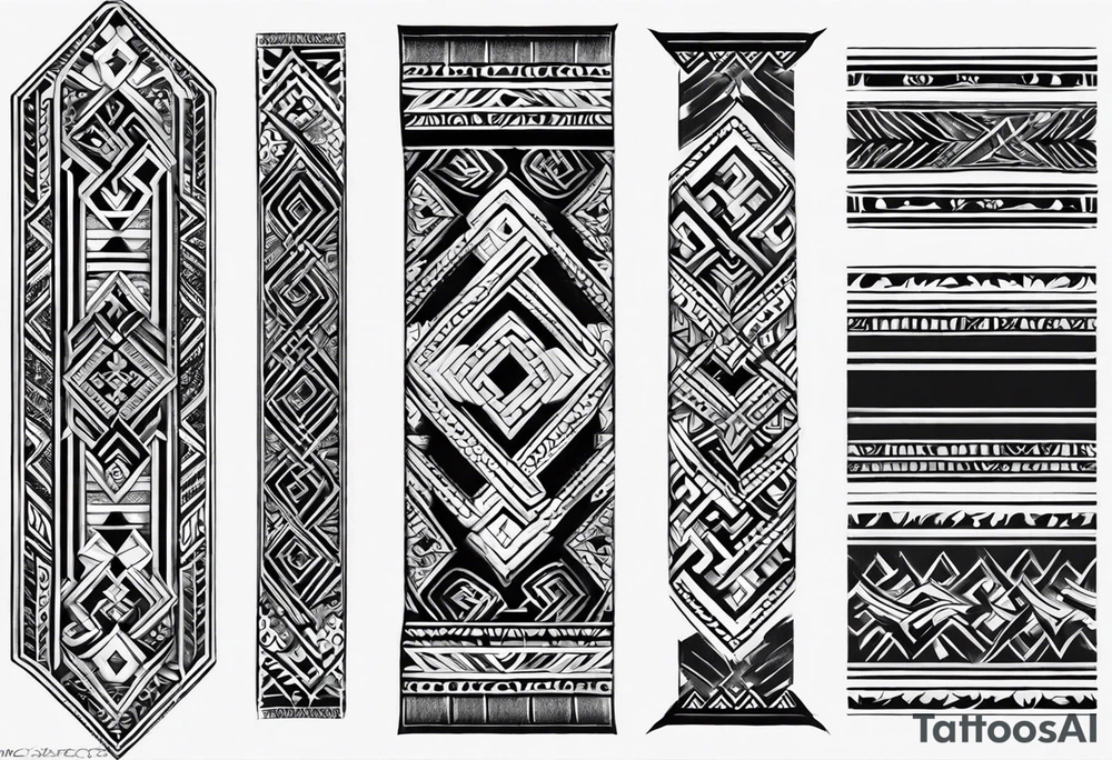 Men's tribal armband tatto made of geometrics patters and containing a wide black stripe around the whole forearm. The tattoo covers the middle part of the forearm, around 5 cm from the elbow and 5 cm from the wrist. The ornaments are of slavic style. tattoo idea