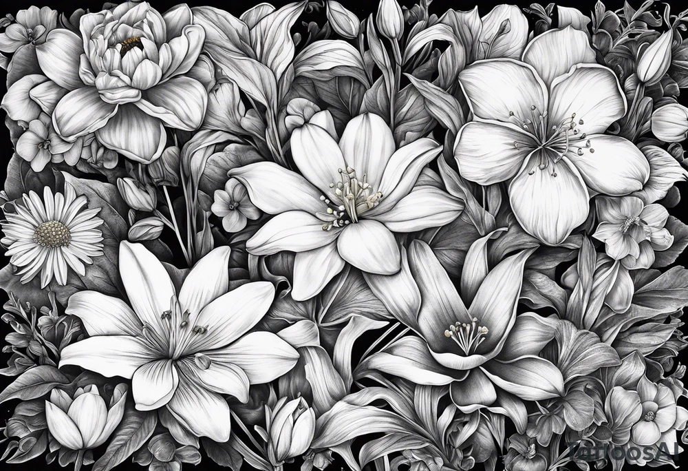 Collage of violets, water lily's, irises, lily of the valley, hawthorn, cosmos, daffodils tattoo idea