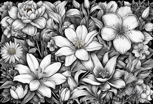 Collage of violets, water lily's, irises, lily of the valley, hawthorn, cosmos, daffodils tattoo idea