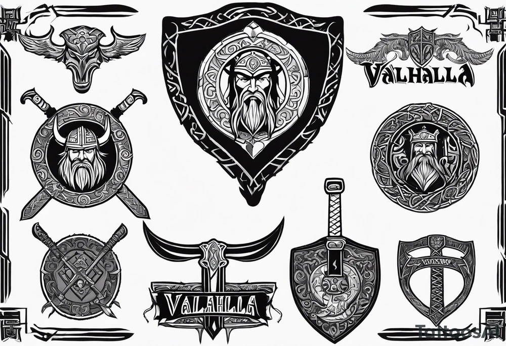 Valhalla viking gods shield hatchet sword tattoo idea