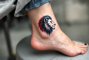 A minimalist Czech lion silhouette, outlined in bold black ink with red and blue shading, creating a modern and clean design. tattoo idea