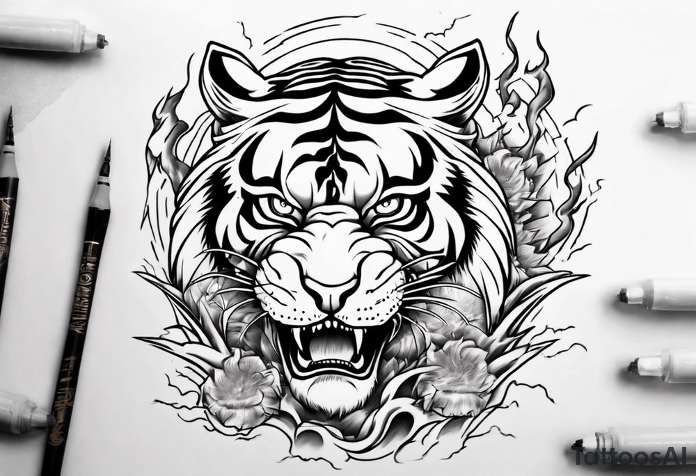 Tiger with lightning and the sun in the background for a sleeve tattoo tattoo idea
