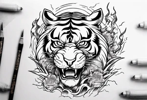 Tiger with lightning and the sun in the background for a sleeve tattoo tattoo idea