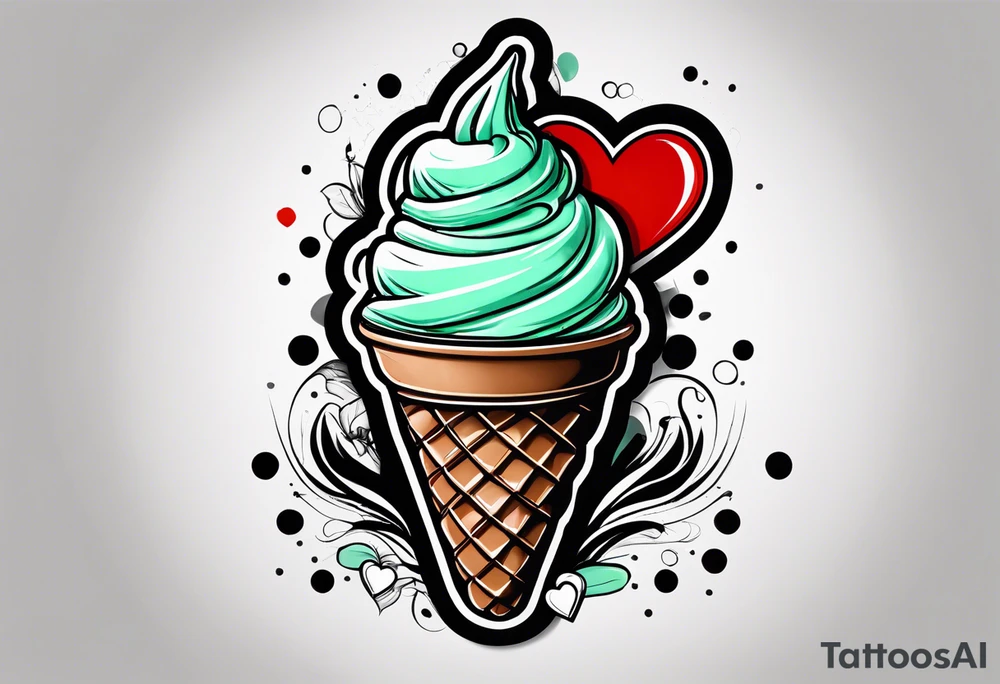 simple mint chocolate chip ice cream cone with small red heart on it somewhere. tattoo idea