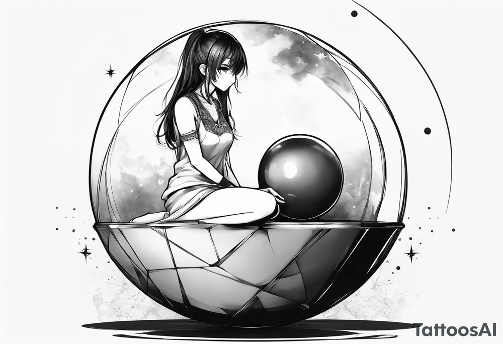 an anime girl sitting on a small sphere, staring front tattoo idea