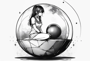 an anime girl sitting on a small sphere, staring front tattoo idea