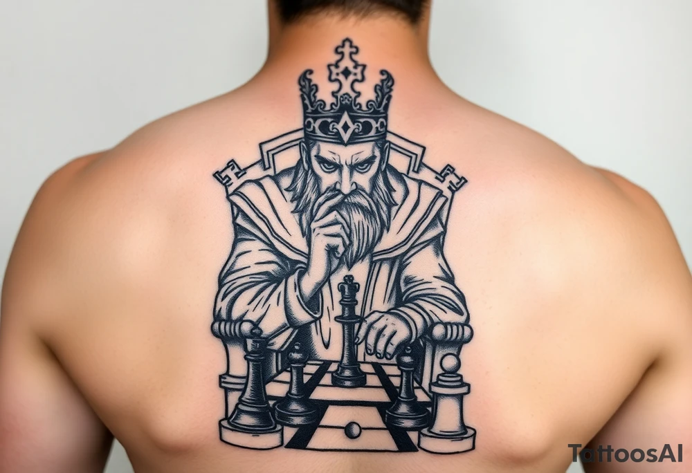 Man facing life’s fierce battles and sits on throne as a king playing chess tattoo idea