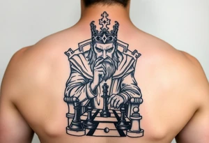 Man facing life’s fierce battles and sits on throne as a king playing chess tattoo idea