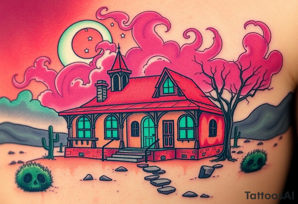 Tim Burton’s haunted desert bungalow is abandoned and dripping with muted reds, dusty pinks, and eerie green glow.purple and cyan smokey clouds swirl in the crescent moonlit sky thats sprinkled with stars tattoo idea tattoo idea