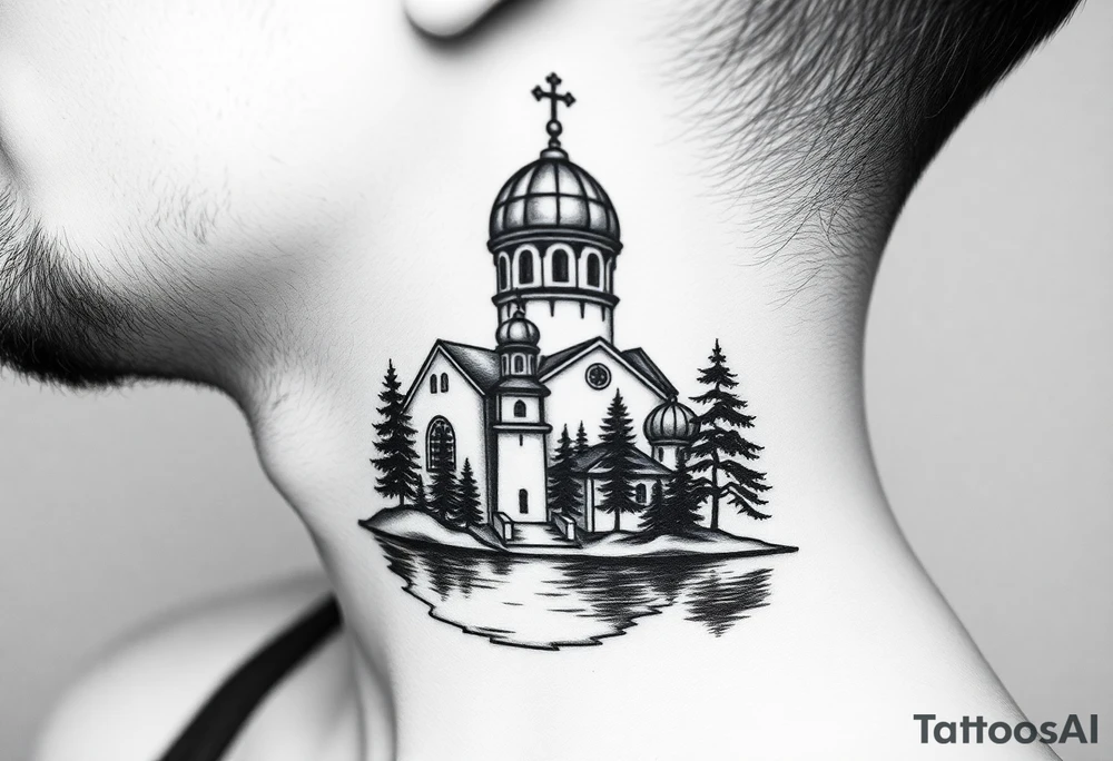 medium sized russian orthodox dome church with a separated virgin mary with a lake and pine trees on the sized of my neck tattoo idea