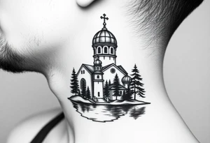 medium sized russian orthodox dome church with a separated virgin mary with a lake and pine trees on the sized of my neck tattoo idea